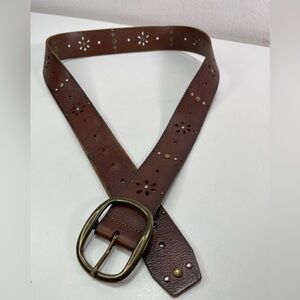 Fossil Leather Belt Women M 40'' Brown Floral Laser Cut Studded Boho Whimsigoth